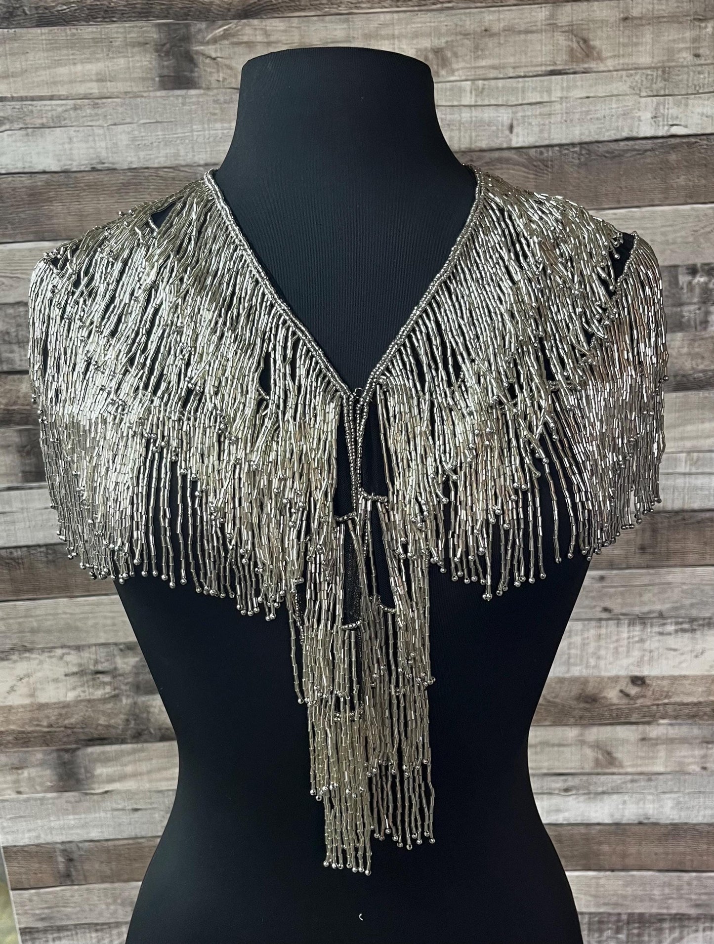 SILVER  All Glass  Beaded Fringe Collar Shoulder Shrug Shawl Applique Western Rodeo