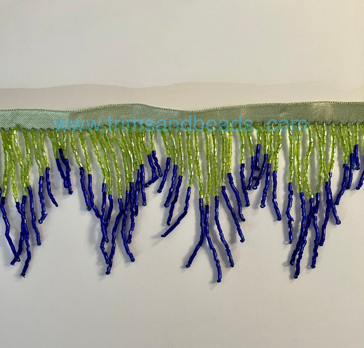 3" LIME Green/Dark Royal BLUE Glass BUGLE Bead Chevron Beaded Ombre Fringe Lamp Costume Trim Variegated