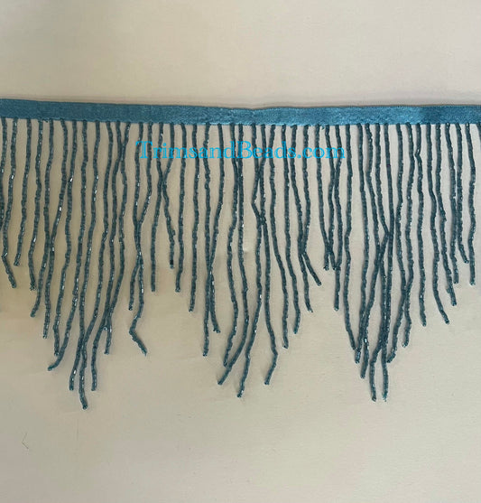 6" BLUE Sparkling Chevron Glass BUGLE Bead Beaded Fringe Lamp Costume Trim Variegated