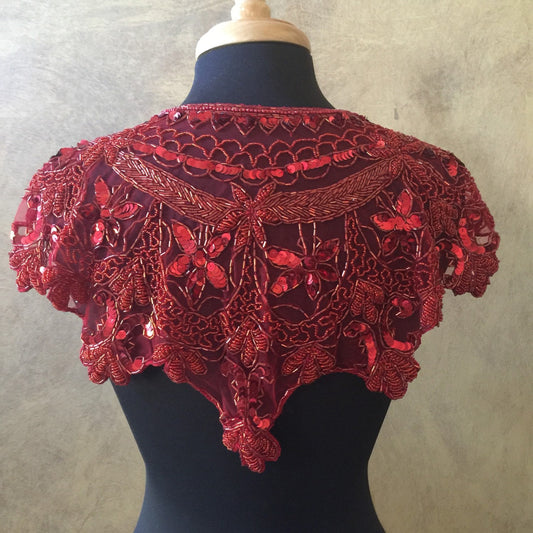 Sequin Glass Beaded & Sequin Lace Collar Shoulder Shrug Shawl Applique Red Vintage