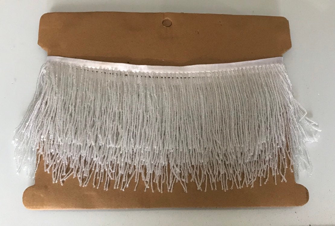 4/4.5" CLEAR with WHITE Lining Glass SEED Bead Beaded Fringe Lamp Costume Trim