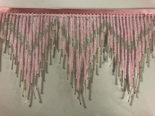 6/6.5" Pink & Silver Glass SEED Bugle Beaded Fringe CHEVRON  Lamp Costume Trim Variegated