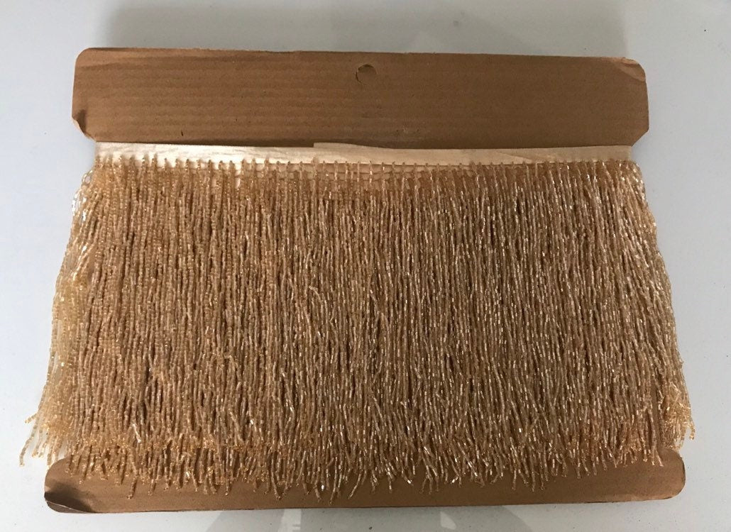 5 yard bolt-6.5/6" CHAMPAGNE Glass BUGLE Bead Beaded Fringe Lamp Costume Trim