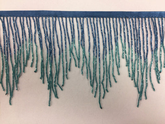 6" Blue/Teal Ombre Ombré Chevron Glass BUGLE Bead Beaded Fringe Lamp Costume Trim Variegated