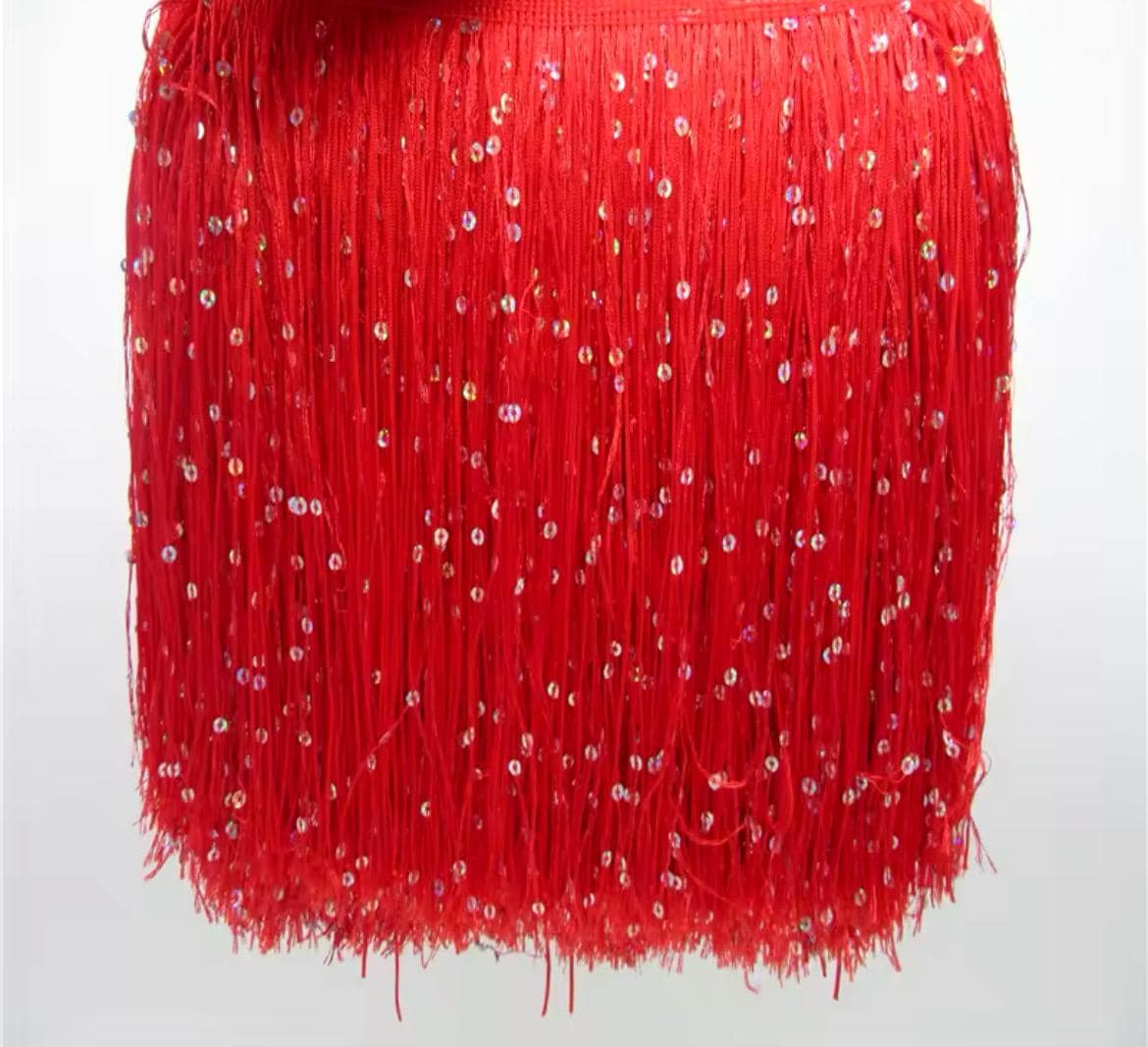 By the Yard-8" RED with SILVER laser Sequins CHAINETTE Fabric Fringe Lampshade Lamp Costume Trim