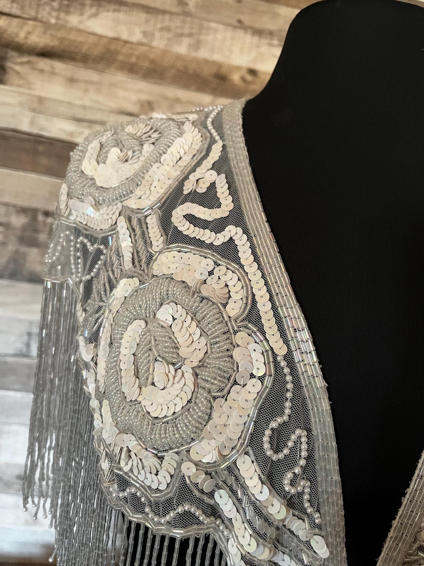 Iridescent WHITE AB Sequin Glass Rose Beaded & Sequin Lace Collar Shoulder Shrug Shawl Applique Wrap Bridal