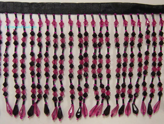 By the Yard Pink Black 5" Acrylic & Glass Seed Bead Beaded Fringe Chevron Lamp Costume Trim Variegated