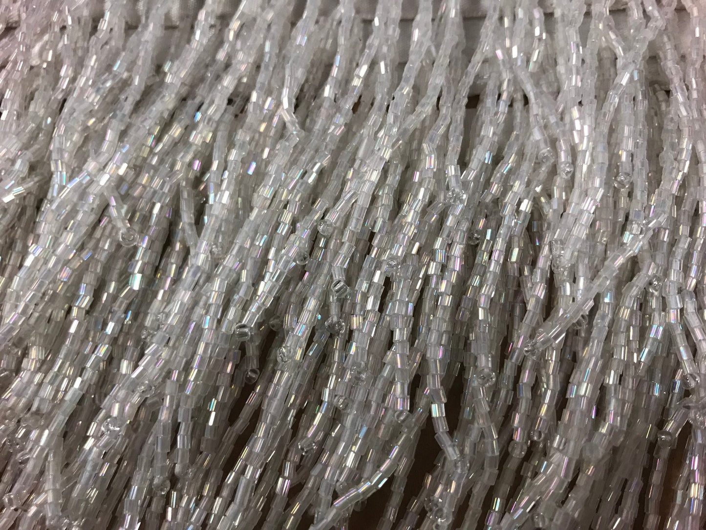 4" Iridescent White AB Glass CHEVRON BUGLE Bead Beaded Fringe Lamp Costume Trim Variegated