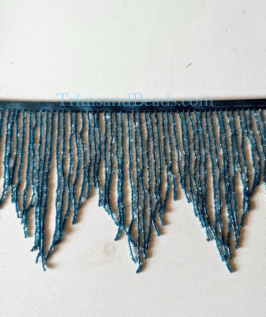 6/6.5" BLUE  Glass CHEVRON Beaded BUGLE BeadFringe Lamp Costume Trim Variegated