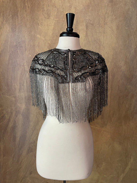 DARK SILVER Sequin Glass Rose Beaded & Sequin Lace Collar Shoulder Shrug Shawl Applique Wrap Bridal