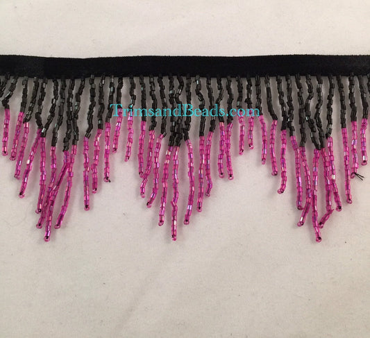 3" BLACK/FUCHSIA Pink Ombre Glass CHEVRON Bugle Bead Beaded Fringe Lamp Costume Trim Variegated