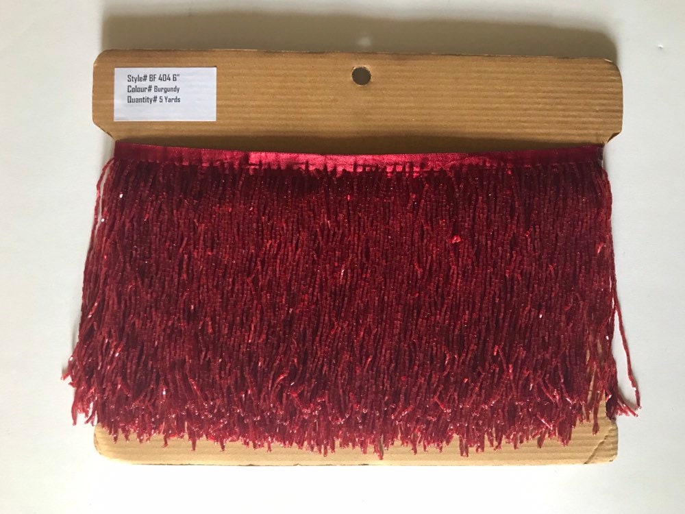 5 yard bolt- 6.5"/6" CRANBERRY BURGUNDY Glass BUGLE Bead Beaded Fringe Lamp Costume Trim