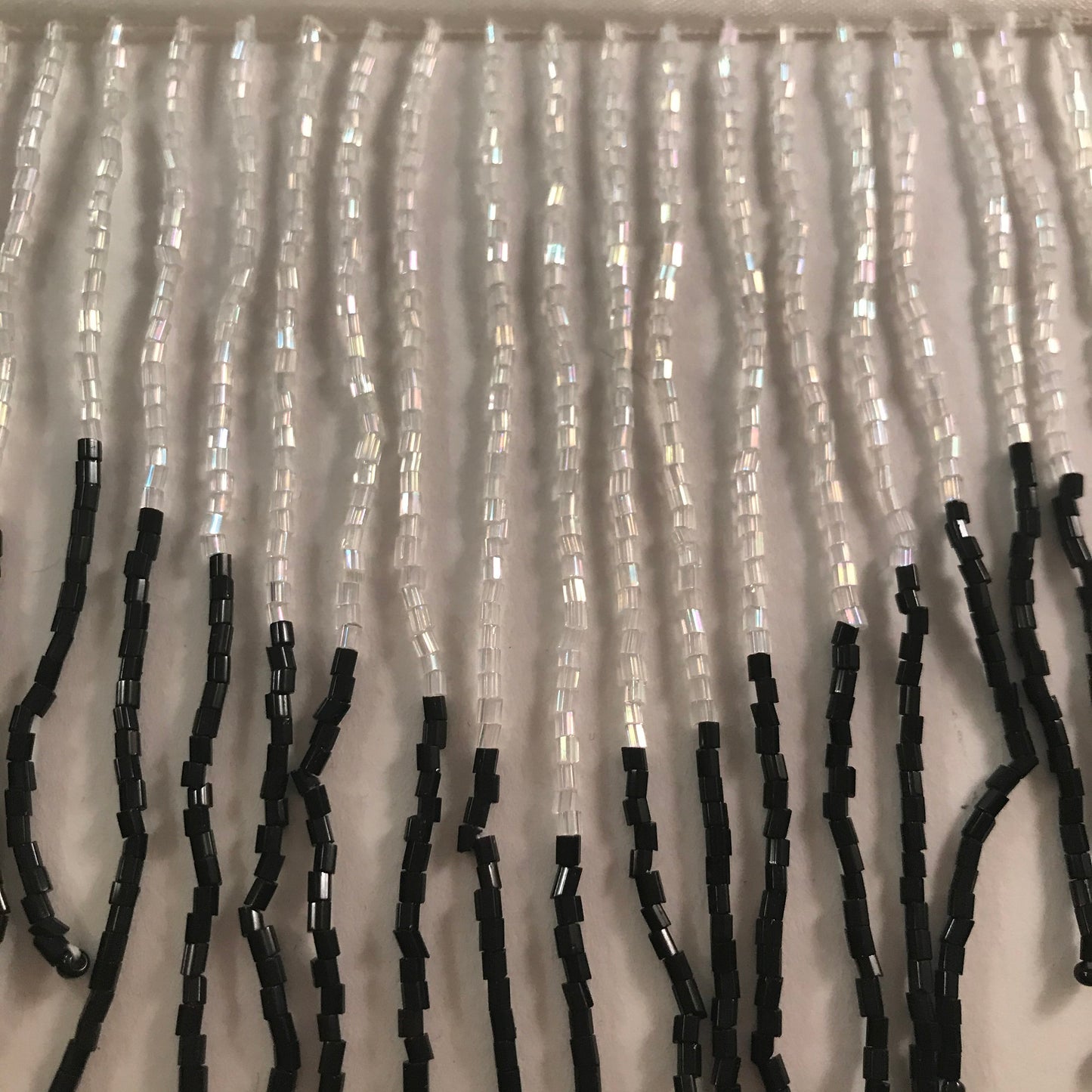 6" Iridescent White AB/Black Ombre Ombré CHEVRON Glass BUGLE Bead Beaded Fringe Lamp Costume Trim Variegated