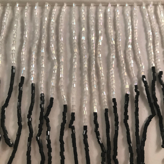6" Iridescent White AB/Black Ombre Ombré CHEVRON Glass BUGLE Bead Beaded Fringe Lamp Costume Trim Variegated