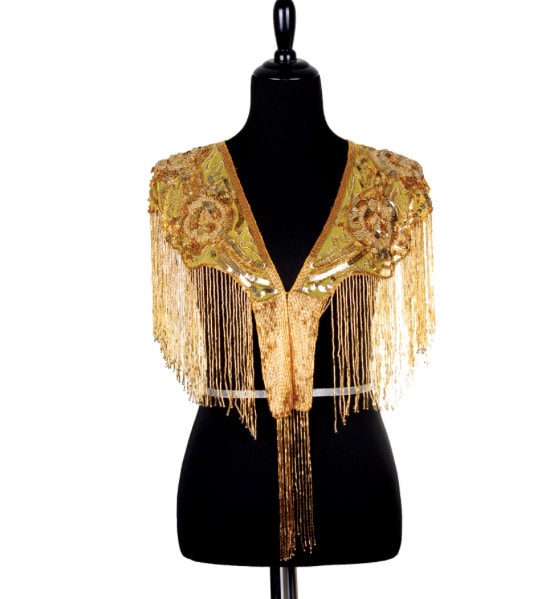 GOLD Sequin Glass Rose Beaded & Sequin Lace Collar Shoulder Shrug Shawl Applique Wrap Bridal