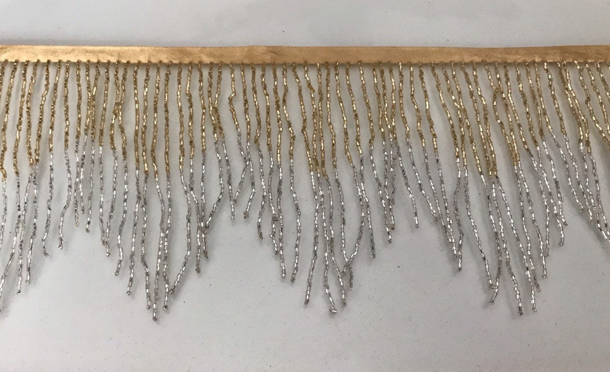 6.5/6" GOLD/SILVER Sparkling Ombre Ombré Chevron Glass BUGLE Bead Beaded Fringe Lamp Costume Trim Variegated