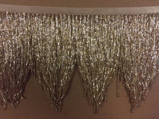 6/6.5" GOLD CHEVRON Glass BUGLE Bead Beaded Fringe Lamp Costume Trim Variegated