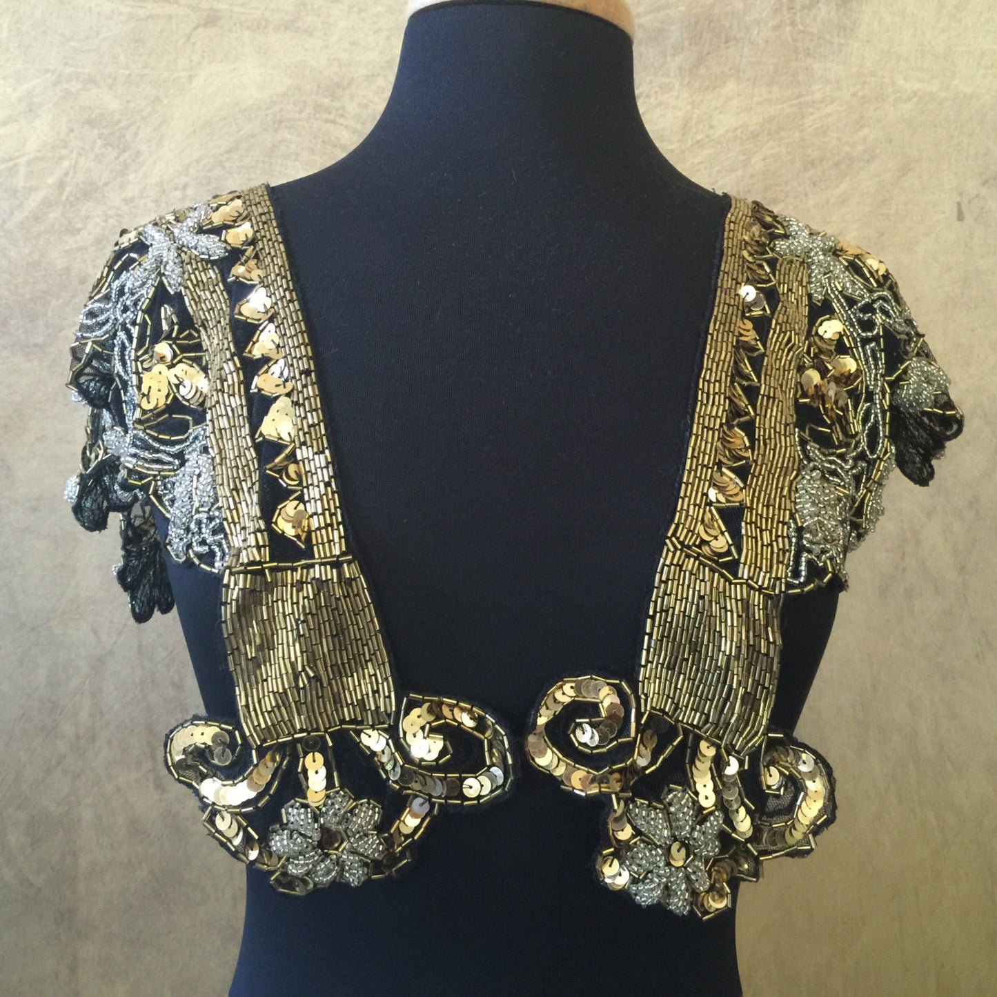 Sequin Glass Beaded & Sequin Lace Collar Shoulder Shrug Shawl Applique Gold Silver Black Vintage