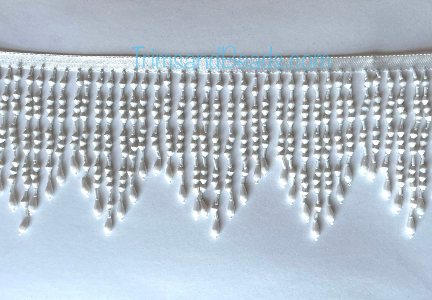5" Opaque White  ACRYLIC & Glass CHEVRON Bead Beaded Fringe Teardrop Ends Lamp Costume Trim