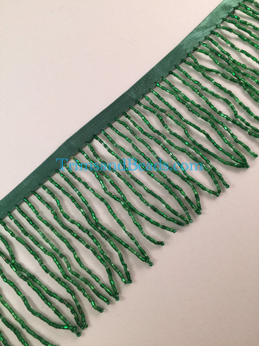 3/3.5" EMERALD GREEN Glass BUGLE Bead Beaded Fringe Lamp Costume Trim