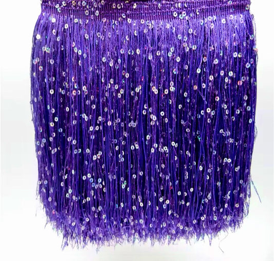 By the Yard-8" PURPLE with SILVER laser Sequins CHAINETTE Fabric Fringe Lampshade Lamp Costume Trim