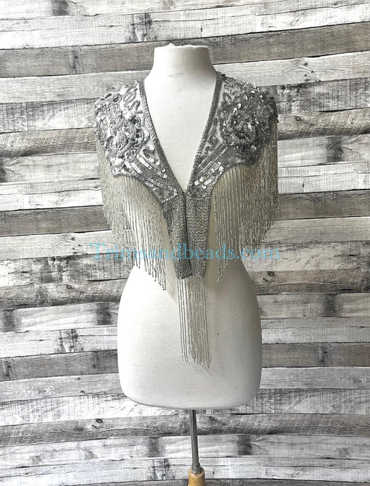 SILVER  Sequin Glass Rose Beaded & Sequin Lace Collar Shoulder Shrug Shawl Applique Wrap Bridal