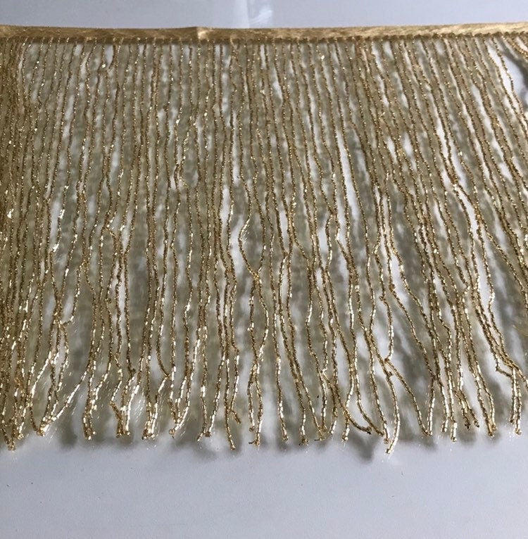 By the Yard 12" GOLD Glass BUGLE Bead Beaded Fringe Lamp Costume Trim