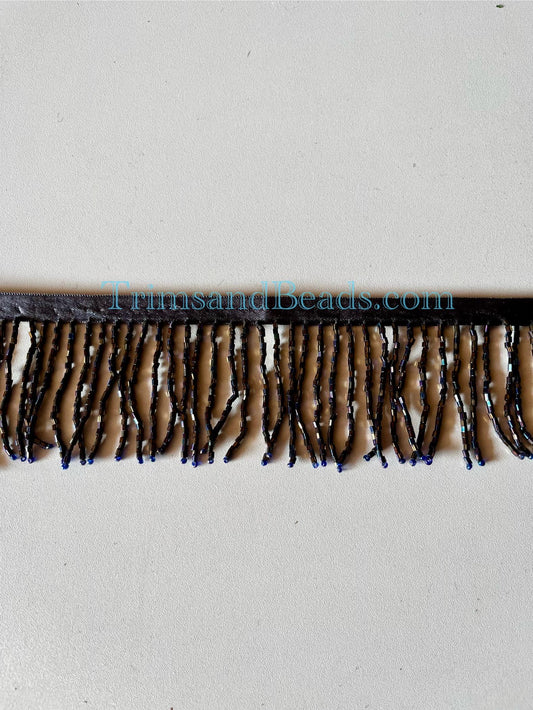 2/2.5" Iridescent BLACK AB Glass BUGLE Bead Beaded Fringe Lamp Costume Trim
