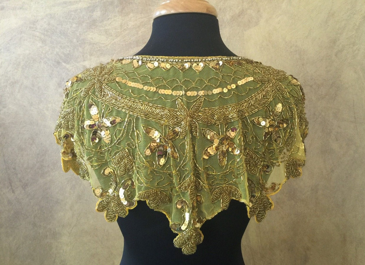 Sequin Glass Beaded & Sequin Lace Wrap Collar Shoulder Shrug Shawl Applique Gold Vintage Bridal
