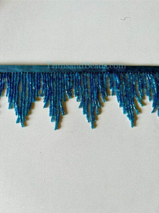 3" BLUE Glass CHEVRON Bugle Bead Beaded Fringe Lamp Costume Trim Variegated