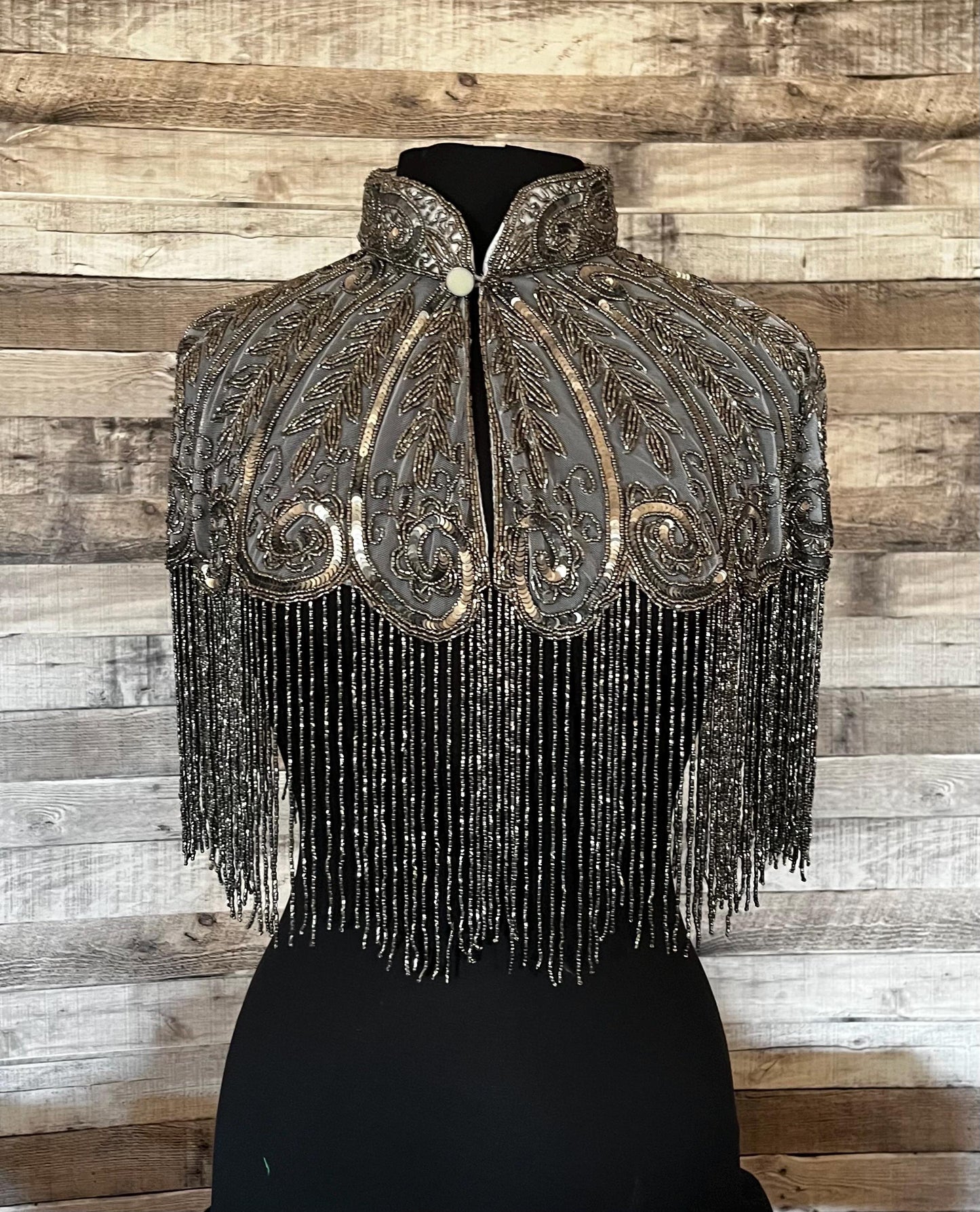 DARK SILVER Fringe Sequin Glass Beaded & Sequin Collar Shoulder Shrug Shawl Applique Wrap Western Rodeo
