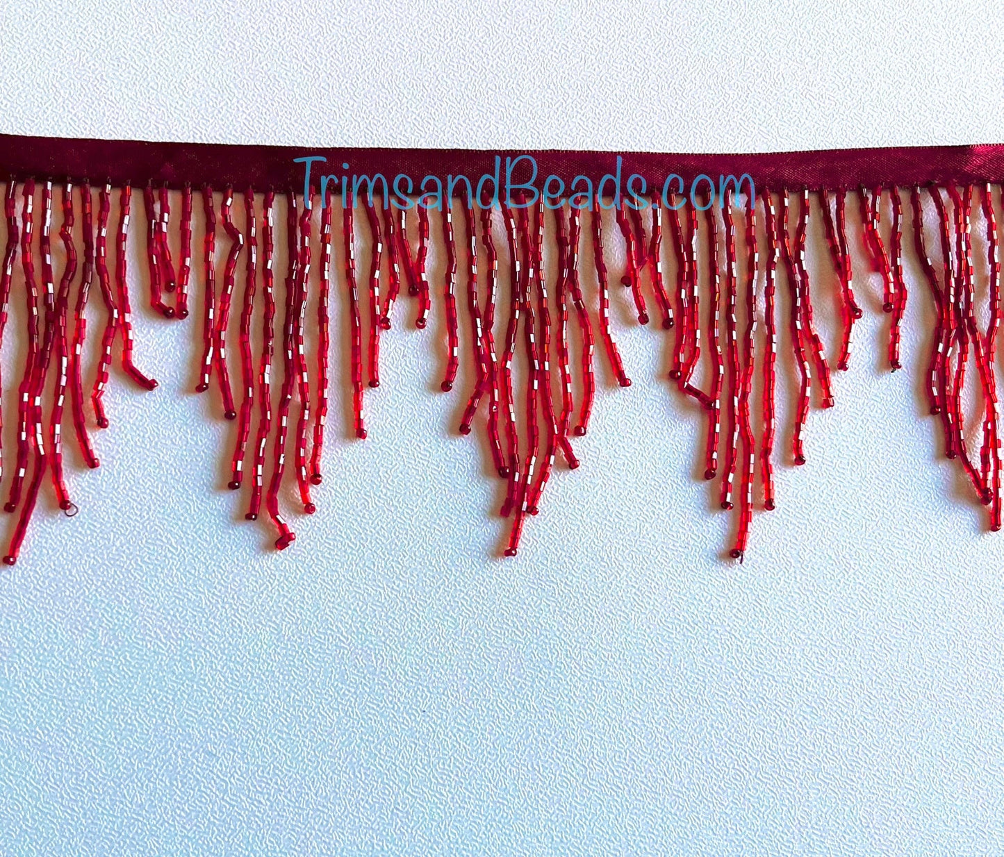 3" Cranberry Burgundy/Red  CHEVRON Glass BUGLE Bead Beaded Fringe Lamp Costume Trim Variegated