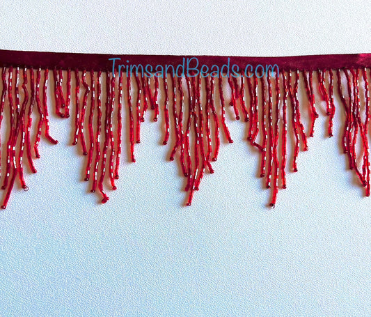 3" Cranberry Burgundy/Red  CHEVRON Glass BUGLE Bead Beaded Fringe Lamp Costume Trim Variegated
