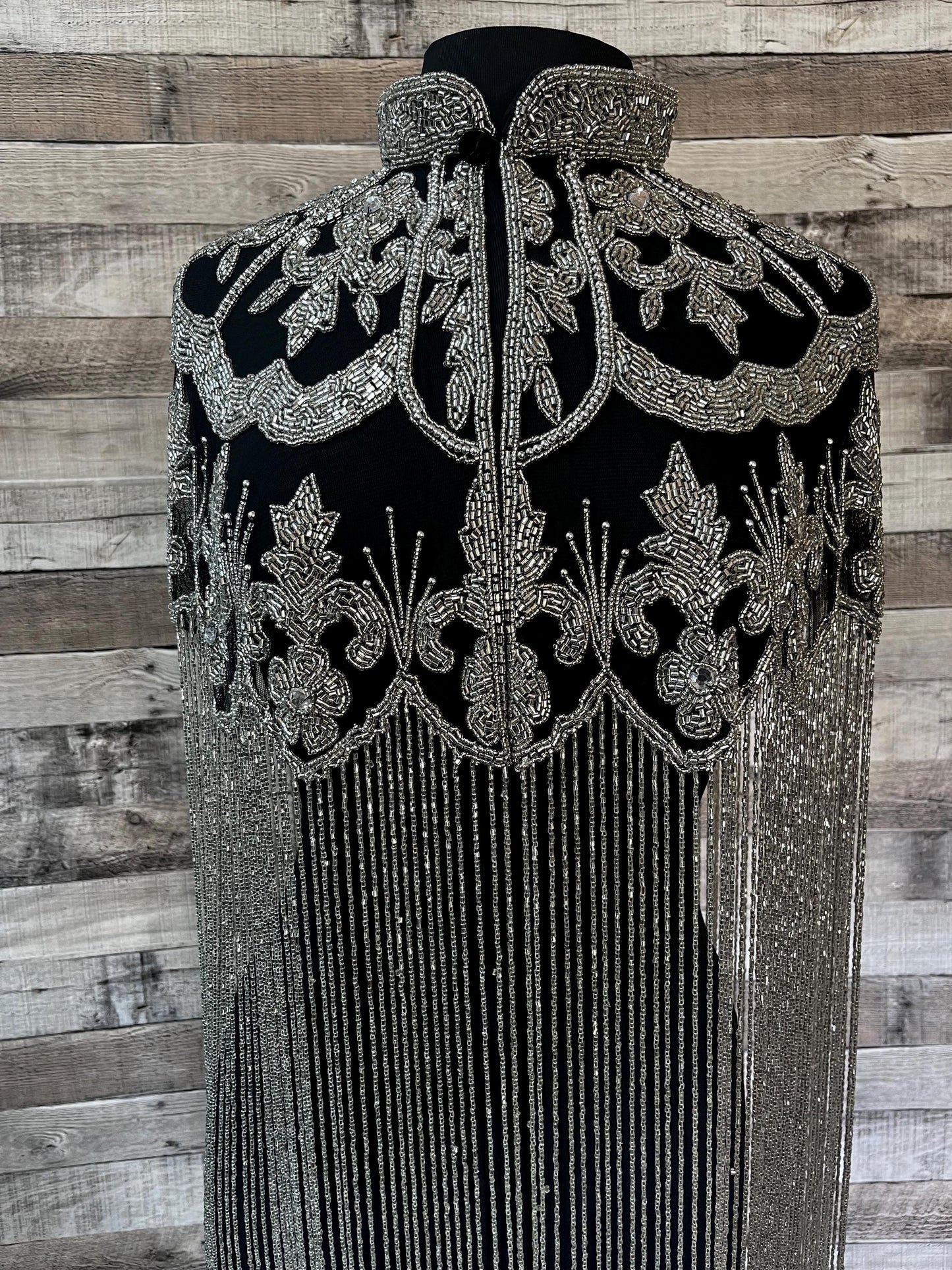Glamorous Black and Silver Glass Beaded Collar with 24”  Bugle Bead Fringe Shoulder Shrug Shawl Applique Formal Wrap Western Rodeo