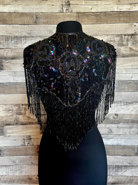 BLACK AB Sequin Glass Rose Beaded & Sequin Lace Collar Shoulder Shrug Shawl Applique Wrap Bridal