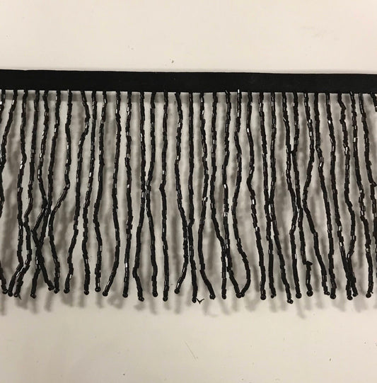 4" BLACK Glass BUGLE Bead Beaded Fringe Lamp Costume Trim