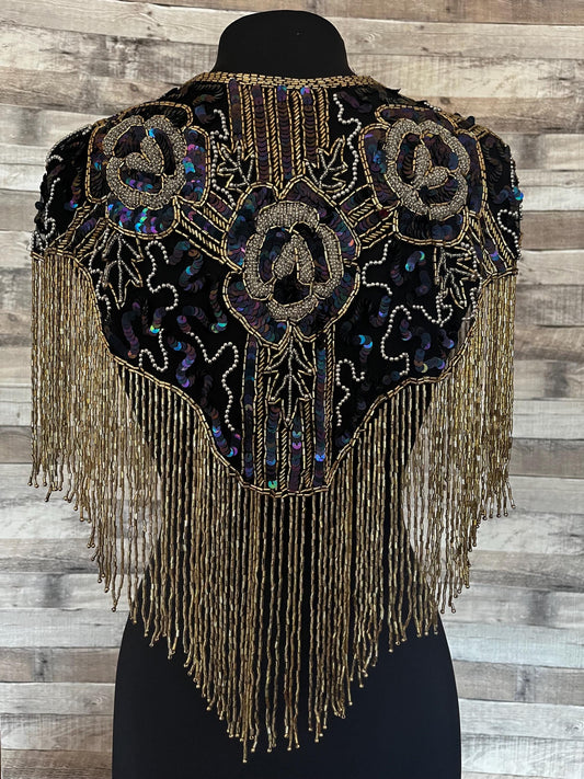 BLACK AB/GOLD Sequin Glass Rose Beaded & Sequin Lace Collar Shoulder Shrug Shawl Applique Wrap Bridal