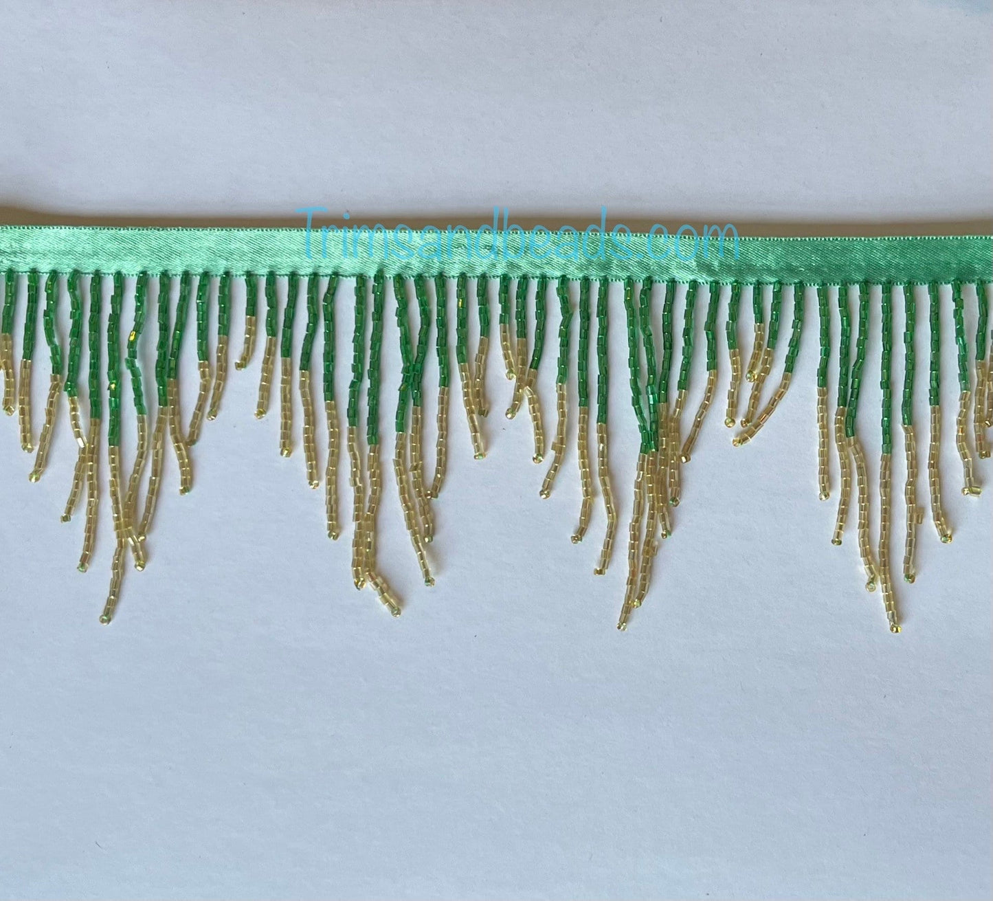 3" Emerald Green/Gold BUGLE bead Ombre Glass CHEVRON Beaded Fringe Lamp Costume Trim Variegated