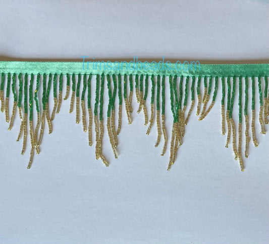 3" Emerald Green/Gold BUGLE bead Ombre Glass CHEVRON Beaded Fringe Lamp Costume Trim Variegated