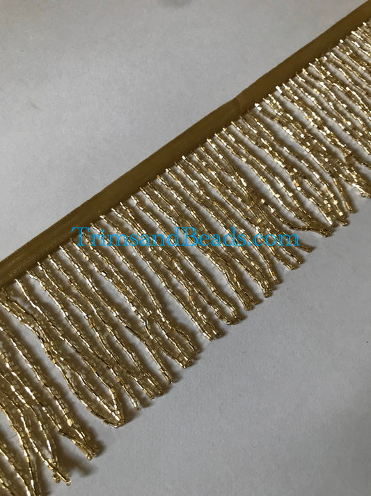 3" GOLD Glass BUGLE Bead Beaded Fringe Lamp Costume Trim