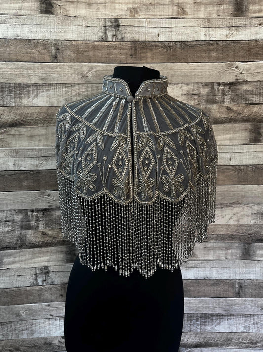 Rhinestone with Bead Fringe Sequin Glass Beaded & Sequin Collar Shoulder Shrug Shawl Applique Wrap
