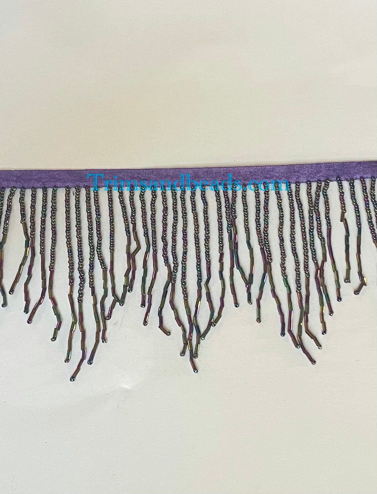 4” Purple Black AB Glass SEED Bead and Tube Bugle Bead CHEVRON Beaded Fringe Lamp Costume Trim Variegated