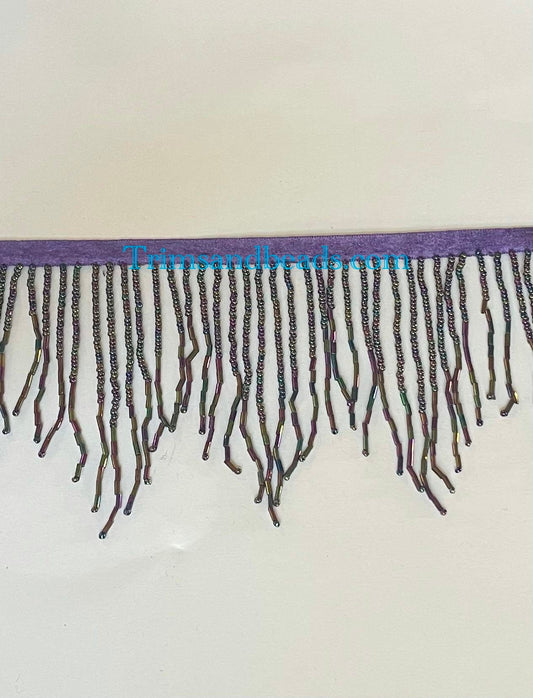 4” Purple Black AB Glass SEED Bead and Tube Bugle Bead CHEVRON Beaded Fringe Lamp Costume Trim Variegated