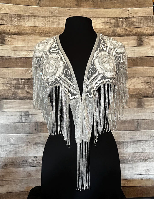 Iridescent WHITE AB Sequin Glass Rose Beaded & Sequin Lace Collar Shoulder Shrug Shawl Applique Wrap Bridal