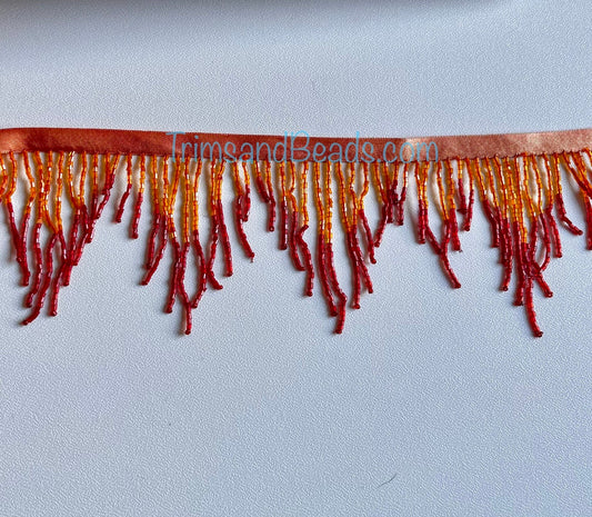 3" ORANGE/Red Ombre CHEVRON Glass BUGLE Bead Beaded Fringe Lamp Costume Trim Variegated