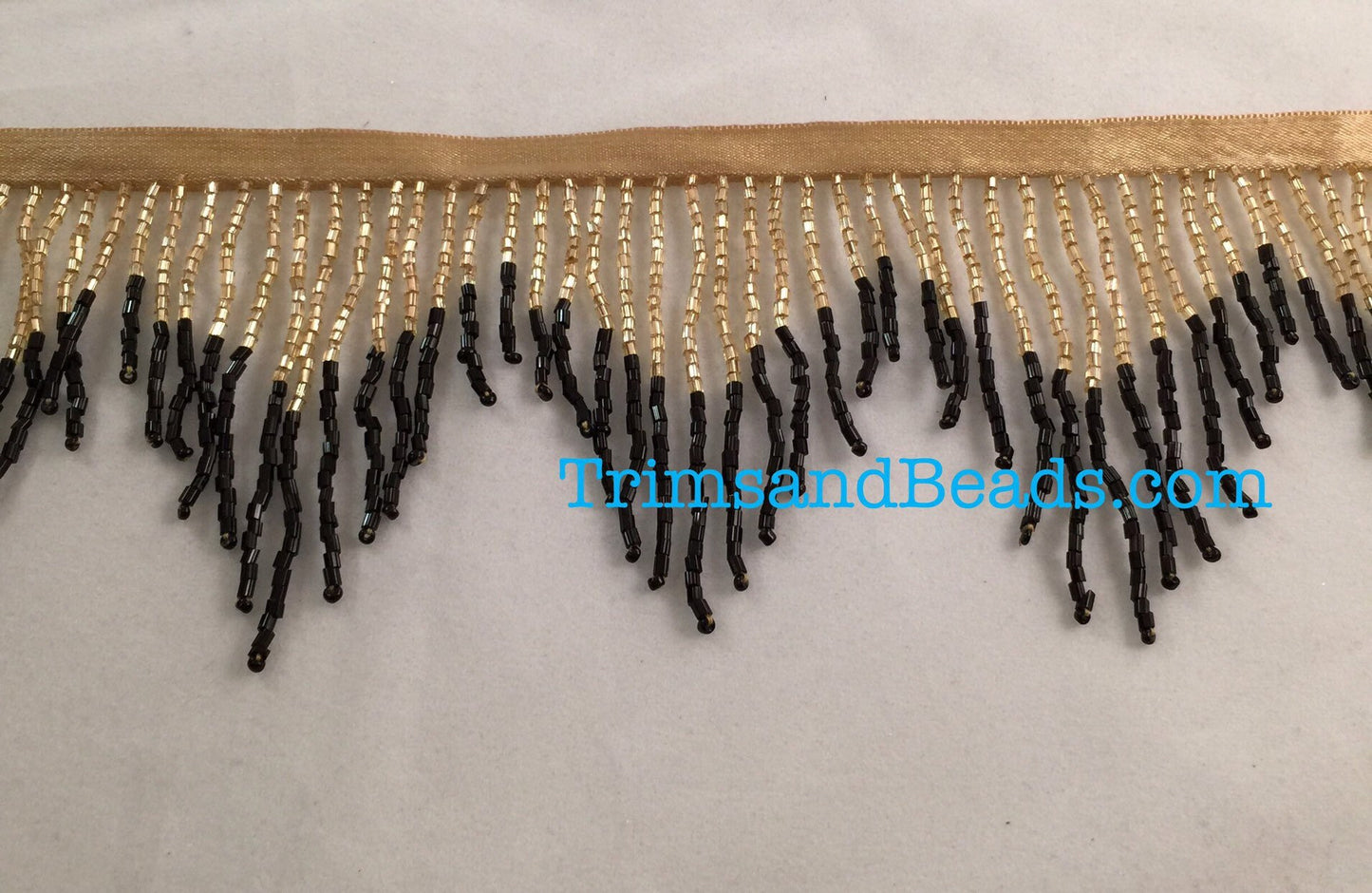 3" GOLD/BLACK Glass CHEVRON Bugle Bead Beaded Fringe Lamp Costume Trim Variegated