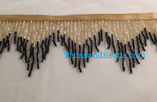 3" GOLD/BLACK Glass CHEVRON Bugle Bead Beaded Fringe Lamp Costume Trim Variegated