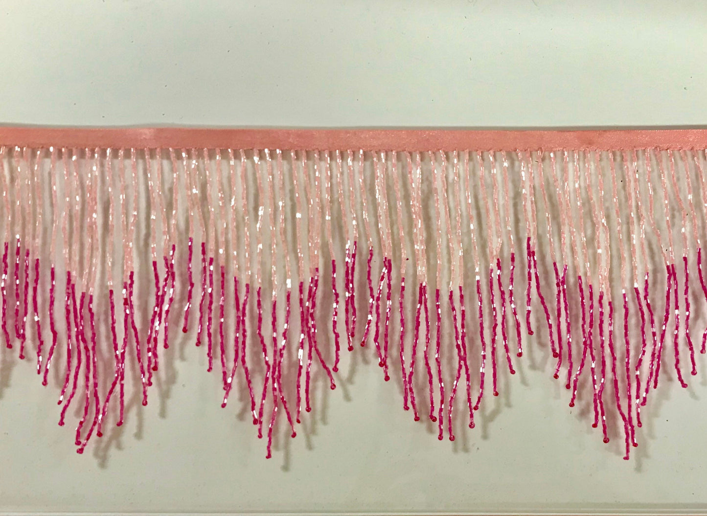 6" Light Pink/Hot Pink Ombre CHEVRON Glass BUGLE Bead Beaded Fringe Lamp Costume Trim Variegated