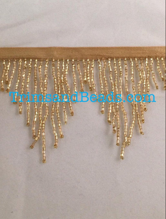 By the yard-3" GOLD Glass BUGLE Bead CHEVRON Beaded Fringe Lamp Costume Trim