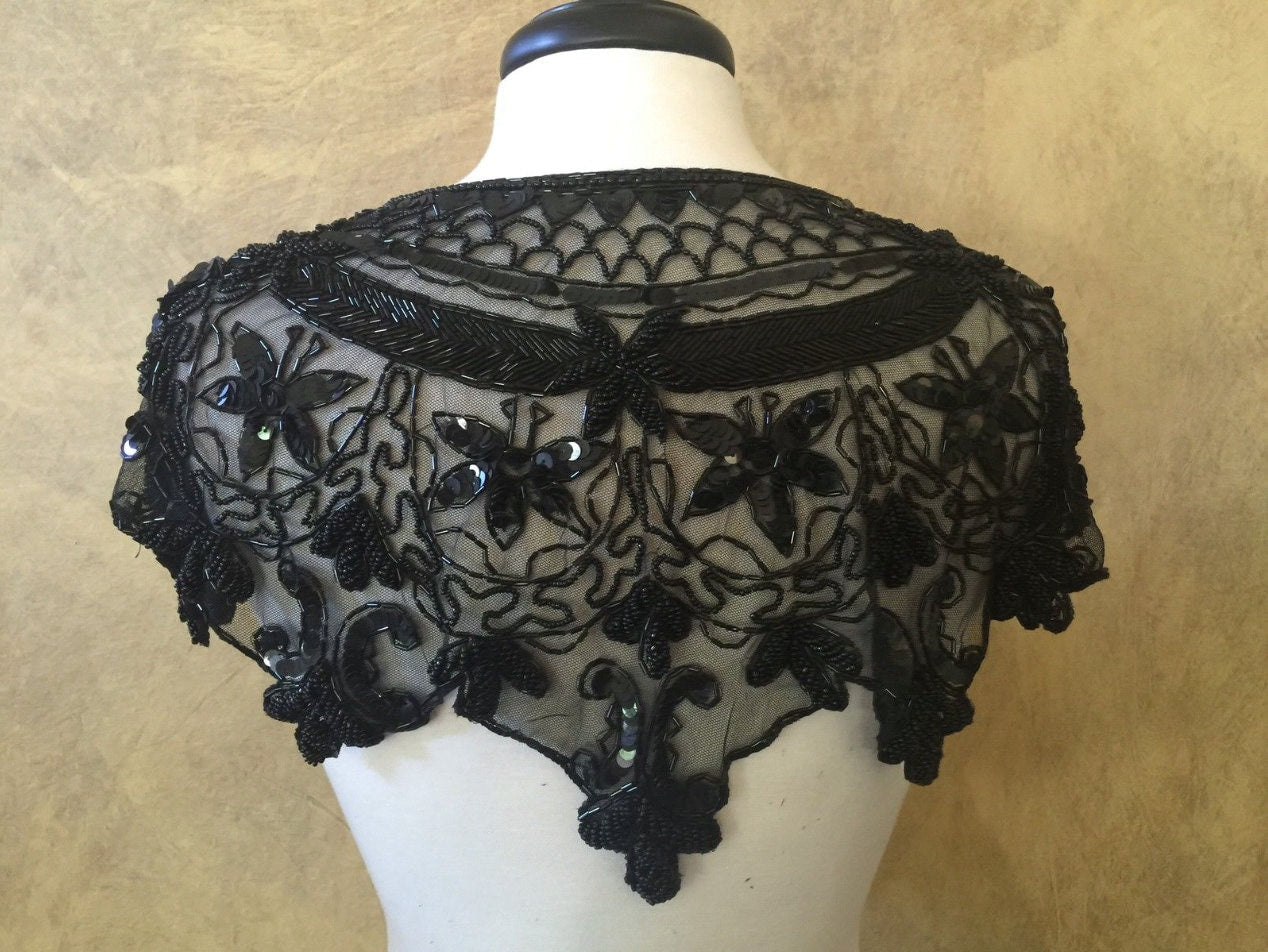 Sequin Glass Beaded & Sequin Lace Collar Shoulder Shrug Shawl Applique Black Gothic Vintage Bridal